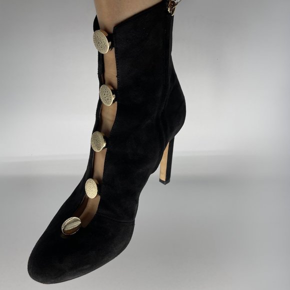 JIMMY CHOO LORETTA BLACK SUEDE ANKLE BOOT, CUT-OUT FRONT & GOLD-TONED BUTTONS - Picture 5 of 15